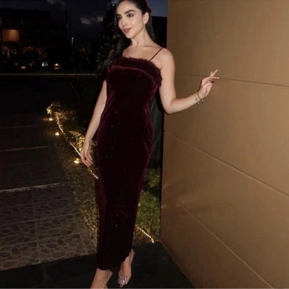 ZARA VELVET BEADED FAUX FUR MIDI DRESS - Picture 2 of 13